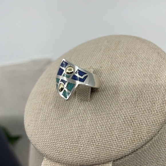 💍 Vintage CCO Coleman Turquoise Lapis Ring - Silver, 14K, Size 7 - Picture 6 of 15
